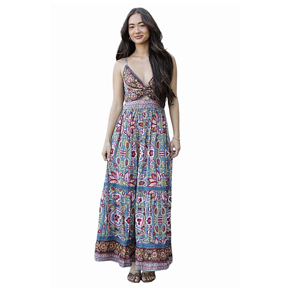 Angie Multi Color Spaghetti Strap Deep V Neck Cutout Maxi Dress F4F48-A928